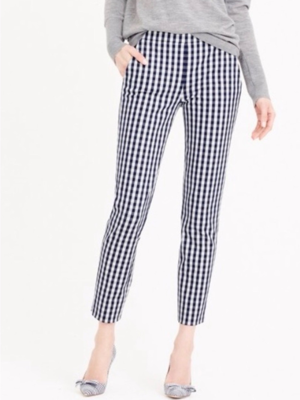 Crew Martie Pant in Bi-Stretch Gingham Ankle Skinny Navy Blue White Size 0